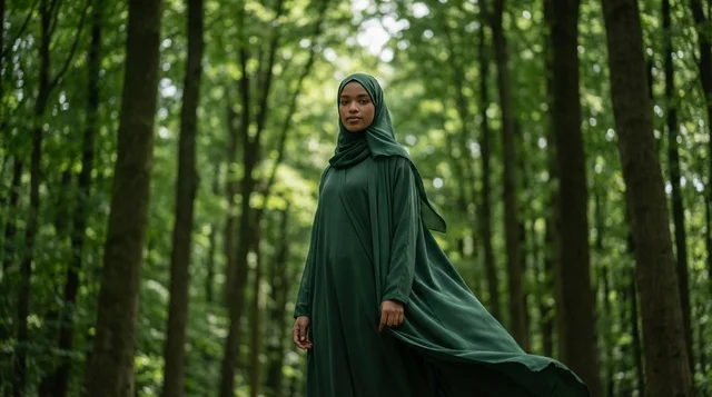 African Woman in Green Hijab Standing in Forest