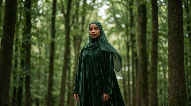 African Woman in Green Abaya in Forest
