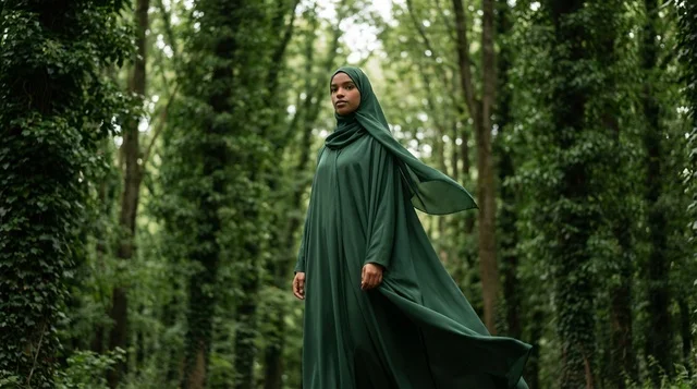Black Woman in Green Abaya and Hijab in Forest
