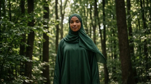Somali Woman in Green Hijab Standing in Forest