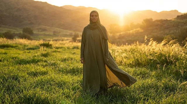 Black Woman in Abaya Standing in Grassland at Sunset