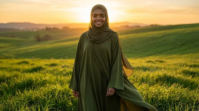 امرأة أفريقية بعباية خضراء في حقل وقت الغروب
