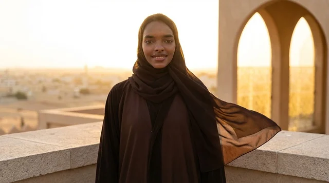 African Woman in Black Abaya at Desert Sunset