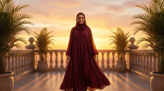 Emirati Woman in Maroon Abaya on Balcony at Sunset