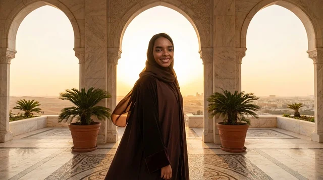 امرأة إماراتية بالعباءة تقف تحت أقواس عند الغروب