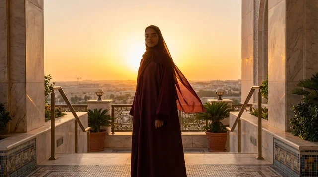امرأة عربية بالعباءة على شرفة وقت الغروب