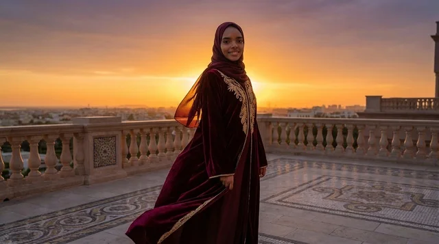 امرأة صومالية بالقفطان المخملي على الشرفة وقت الغروب