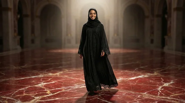 Saudi Woman in Black Abaya Walking in Marble Hall