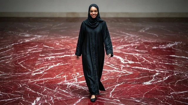 امرأة إماراتية بالعباءة السوداء تمشي على رخام أحمر امرأة إماراتية بالعباءة السوداء تمشي على رخام أحمر