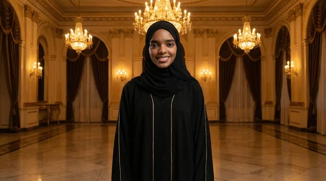 امرأة سودانية بالعباءة السوداء داخل قاعة فاخرة