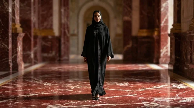 امرأة إماراتية بالعباءة تسير في قاعة رخامية