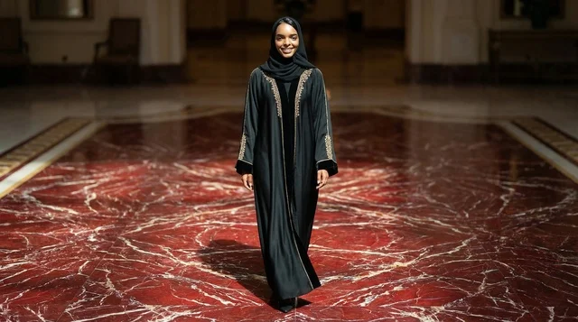 Emirati Woman in Black Abaya Walking on Red Marble