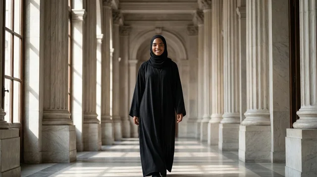 Black Woman in Abaya Walking in Marble Corridor
