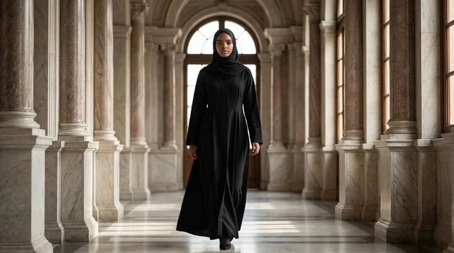 African Muslim Woman in Black Abaya Marble Corridor