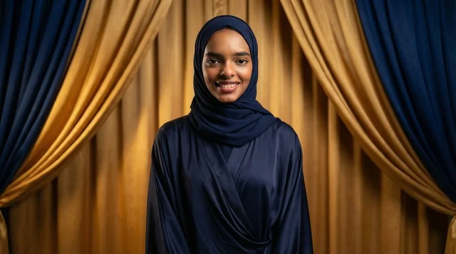 African Woman in Navy Hijab and Abaya Studio Portrait