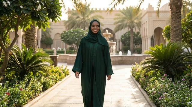 African Woman in Green Abaya Walking in Arabic Garden