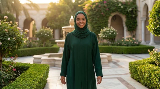 Sudanese Woman in Green Abaya at Garden Fountain