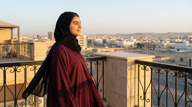 Saudi Woman in Abaya on Balcony at Sunset Saudi Woman in Abaya on Balcony at Sunset