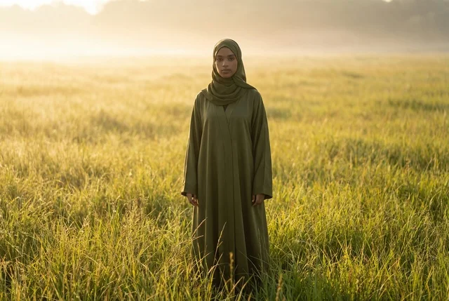 African Woman in Green Abaya in Rural Sunrise Field