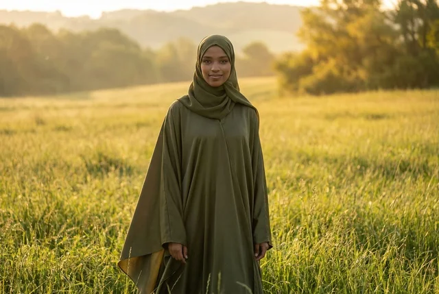 Somali Woman in Green Hijab at Sunset in Rural Field