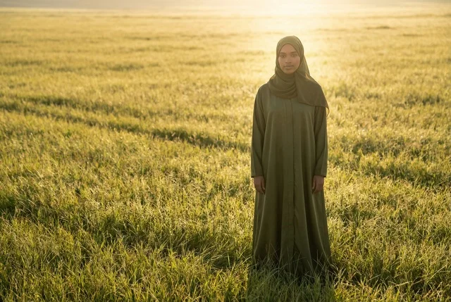 Arab Woman in Green Abaya in Meadow at Sunset