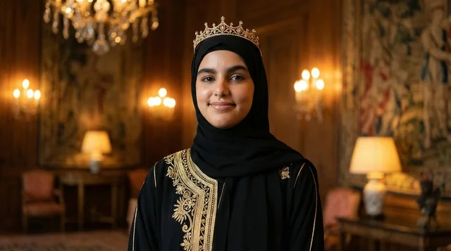 امرأة عربية بعباءة سوداء وتاج ذهبي في قصر