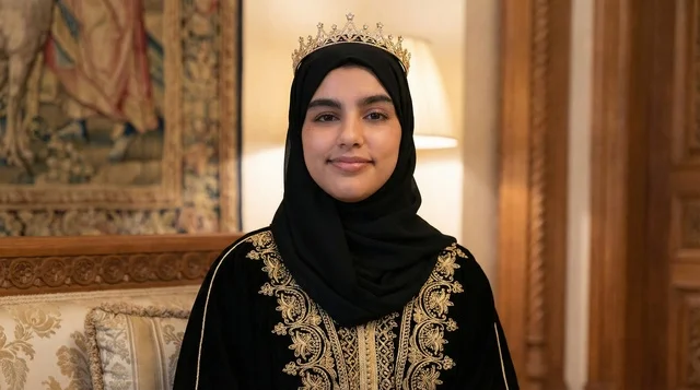 Saudi Woman in Traditional Abaya with Gold Crown