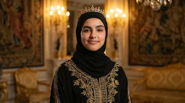 Arab Woman in Gold Crown and Embroidered Abaya