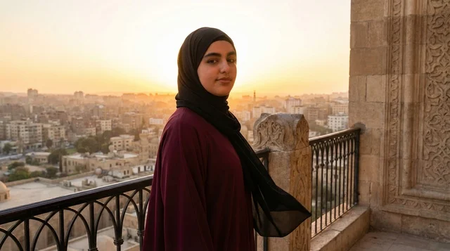 امرأة مصرية في القاهرة خلال غروب الشمس الذهبي