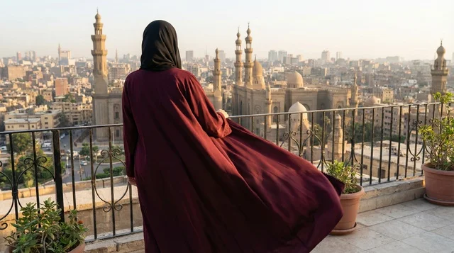 امرأة مصرية بالعباءة تطل على أفق مدينة القاهرة