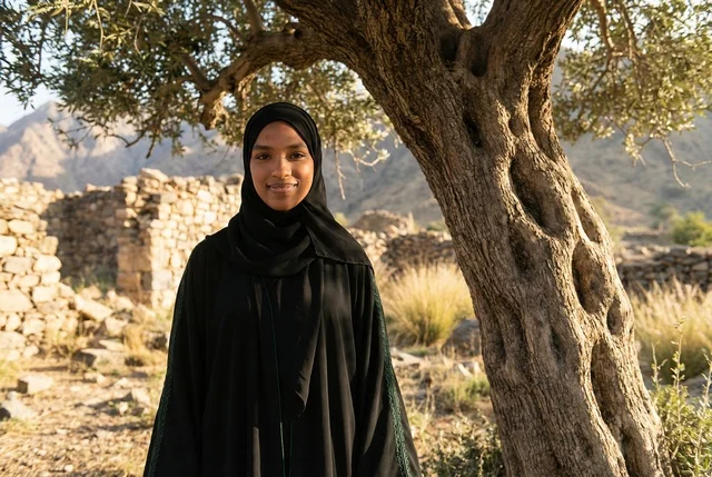 Arab Woman in Black Abaya Under Tree by Stone Ruins
