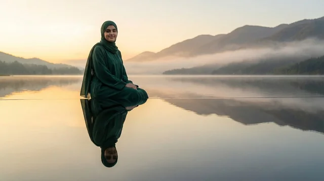Muslim Woman in Green Hijab at Lake with Reflection