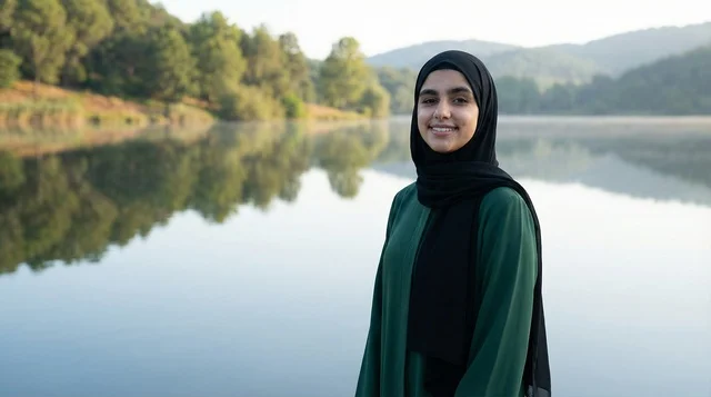 Arab Woman in Hijab Standing by Calm Lake