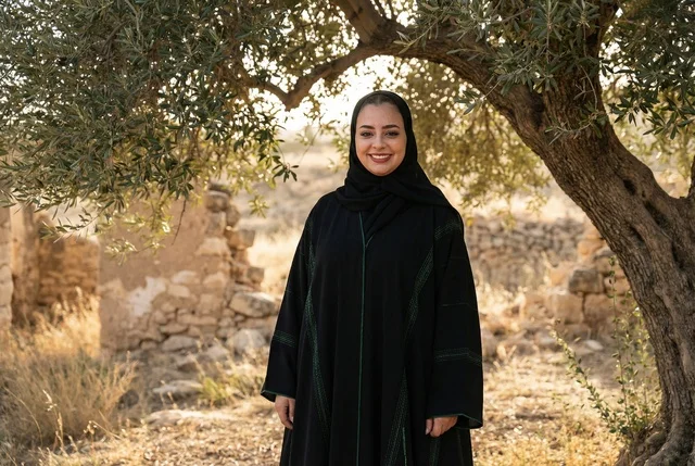 امرأة سعودية بالعباءة تقف تحت شجرة زيتون ريفية