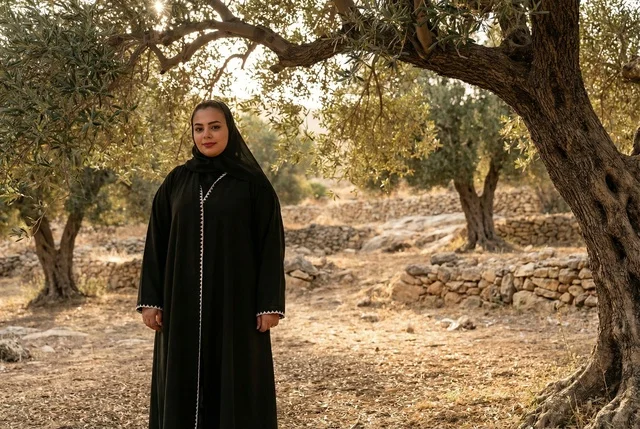 Saudi Woman in Black Abaya in Olive Grove
