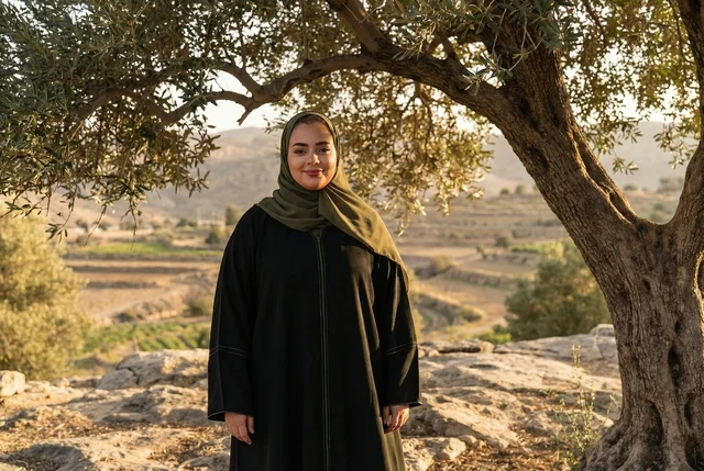 امرأة سعودية بالعباءة التقليدية تحت شجرة زيتون