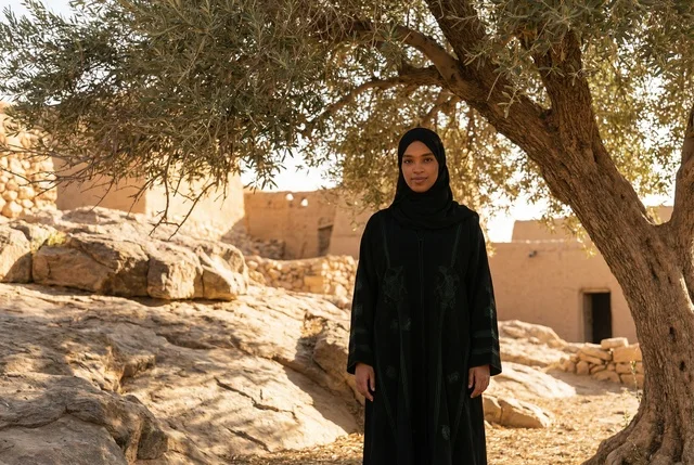 امرأة سعودية بالعباءة في قرية طينية تراثية