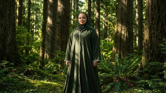 Middle Eastern Woman in Green Abaya Standing in Forest