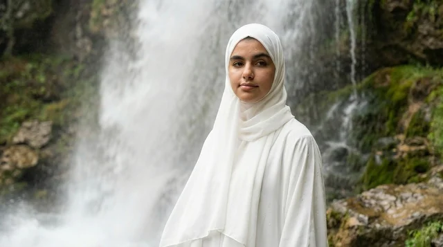 Arab Woman in White Hijab at Natural Waterfall