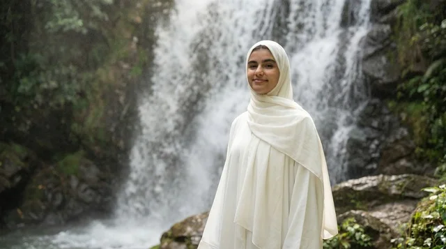 Arab Woman in White Hijab at Forest Waterfall