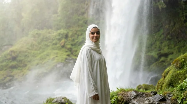 Arab Woman in White Hijab Standing by Waterfall