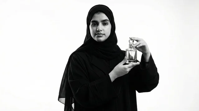 امرأة سعودية تحمل زجاجة عطر بالأبيض والأسود
