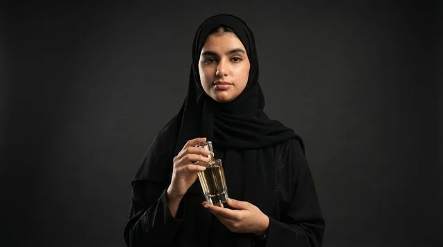 امرأة إماراتية بالعباءة تحمل زجاجة عطر فاخرة