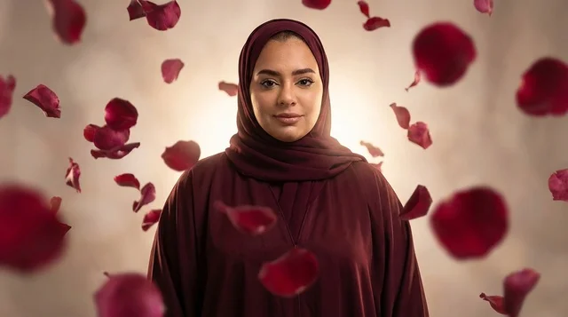 Arab Woman in Hijab with Falling Rose Petals