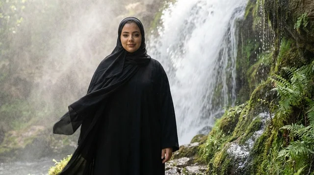 Arab Woman in Abaya Standing by Natural Waterfall