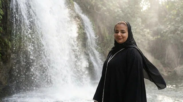 امرأة إماراتية بالعباءة أمام شلال طبيعي