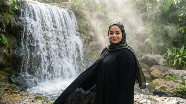 امرأة إماراتية بالعباءة تقف بجانب شلال طبيعي