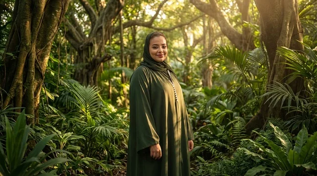 Emirati Woman in Green Abaya in Tropical Forest