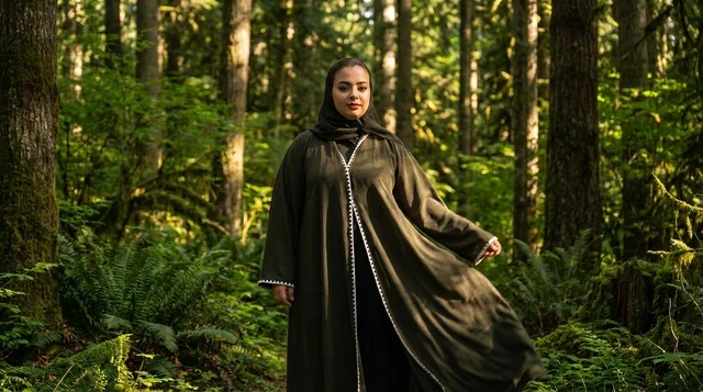 Arab Woman in Abaya and Hijab in Green Forest