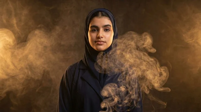 امرأة سعودية بالعباءة التقليدية مع خلفية دخان